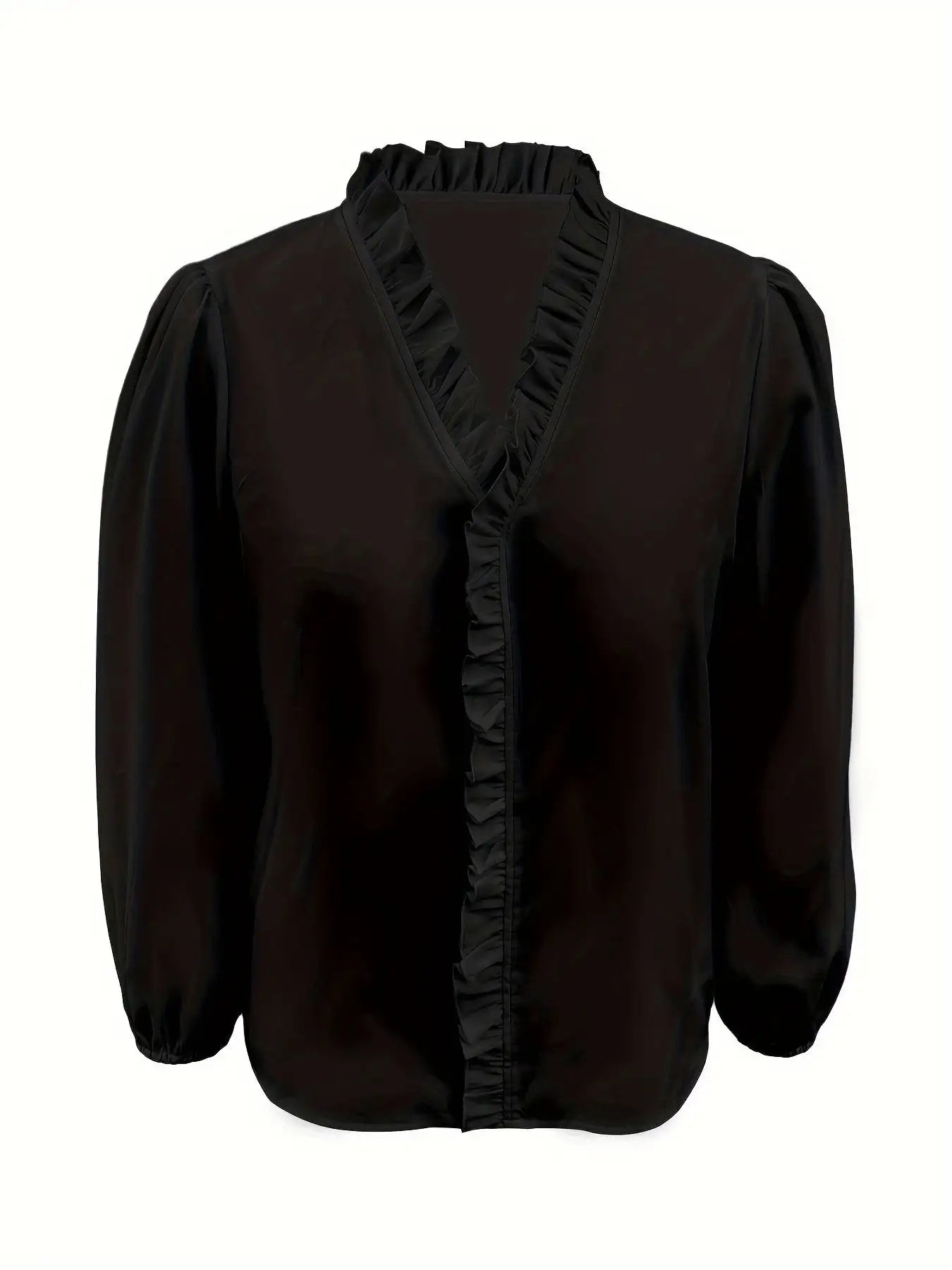 Pure Color Ruffle Hemline Shirt, Casual V-neck Long Sleeve Shirt. - SJB-DIAMOND ELITES
