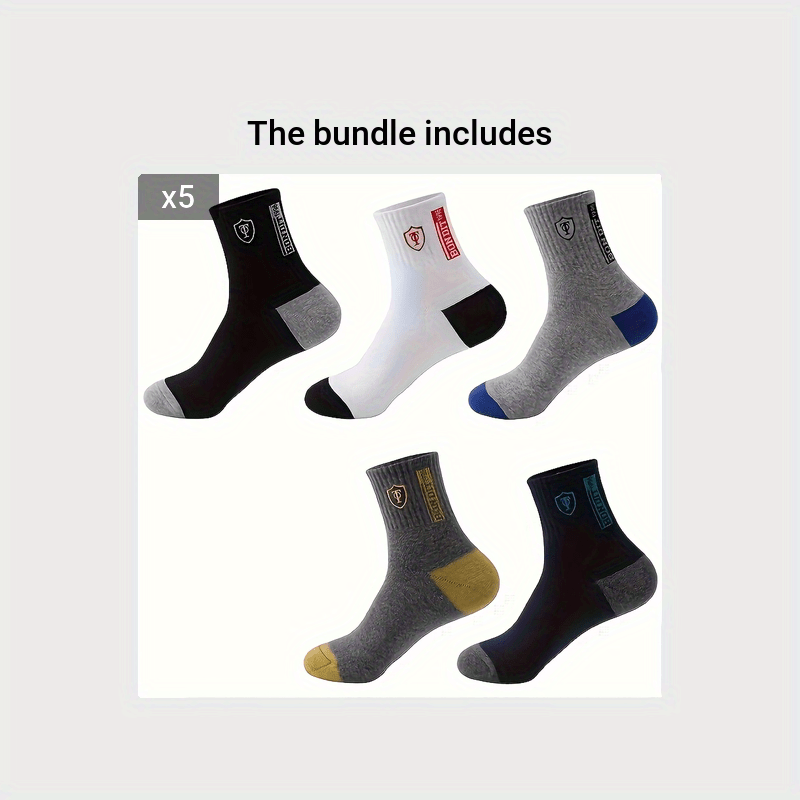 5 Pairs Men'S Athletic Crew Socks, Moisture-Wicking Knit Fabric, Solid Color, Polyester 75%, Spandex 25%, with Embroidered Badge, for Hand Wash Only, Sweat-Resistant Lootquake LLC