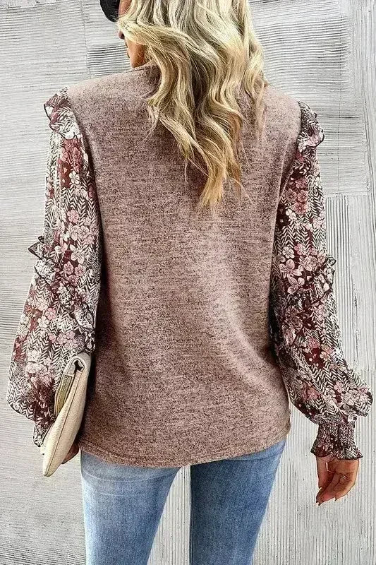Ruffle Tiered Floral Sleeve Crew Neck Blouse - SJB-DIAMOND ELITES
