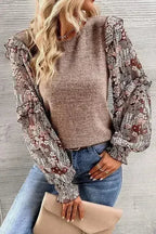 Ruffle Tiered Floral Sleeve Crew Neck Blouse - SJB-DIAMOND ELITES
