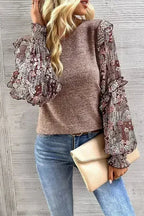 Ruffle Tiered Floral Sleeve Crew Neck Blouse - SJB-DIAMOND ELITES