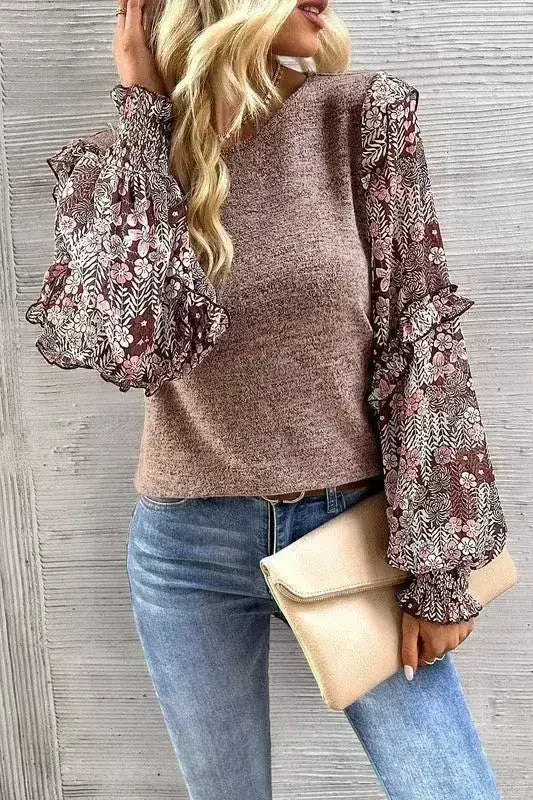 Ruffle Tiered Floral Sleeve Crew Neck Blouse - SJB-DIAMOND ELITES