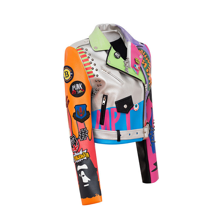 Graffiti Printed Motorcycle Leather Women Pi-Mart