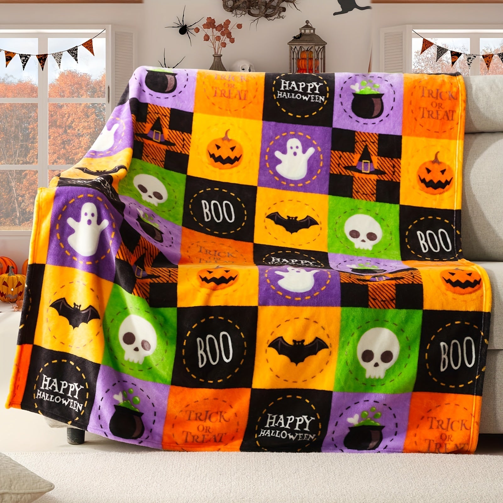 1pc Halloween Fleece Throw Blanket, Bat, Ghost Fall Plaid Blanket, Soft Fuzzy Plush For Couch Sofa Or Bed, Luxury Flannel Lap Blanket Lootquake LLC