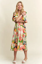 New Summer Floral V-Neck Puff Sleeve Midi Dress For Women – Feminine, Charming, Elegant, Eye-Catching, Perfect for Any Occasion