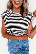 Black Stripe Ribbed Cap Sleeve Round Neck T Shirt