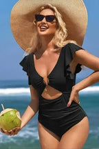 Ruffle Sleeve Swimsuit – O-Ring Cutout with Tummy Control