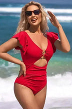 Ruffle Sleeve Swimsuit – O-Ring Cutout with Tummy Control