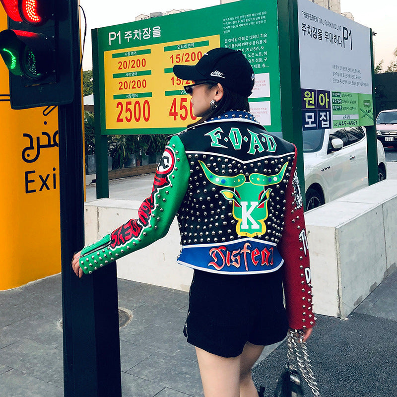 Rivet leather jacket jacket short top Pi-Mart