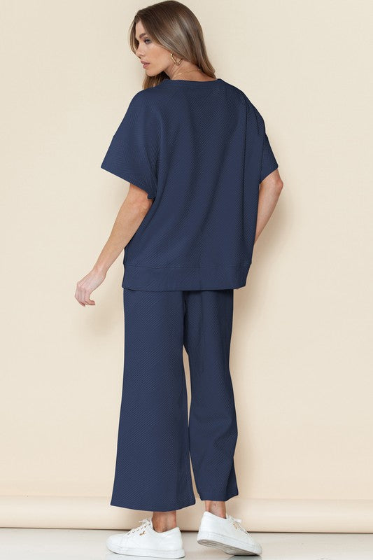 Textured T Shirt and Drawstring Pants Set THRIXINE