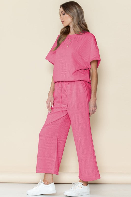 Textured T Shirt and Drawstring Pants Set THRIXINE