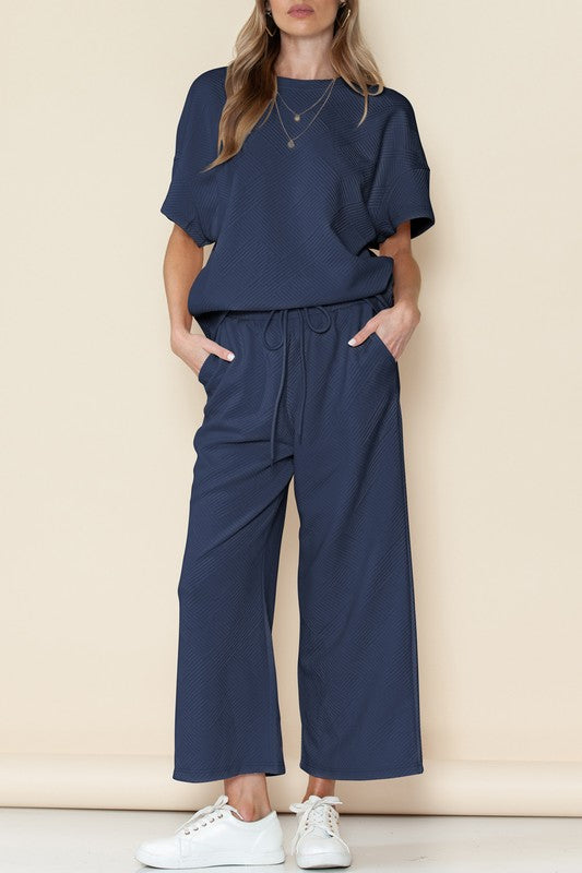 Textured T Shirt and Drawstring Pants Set THRIXINE