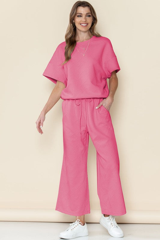 Textured T Shirt and Drawstring Pants Set THRIXINE