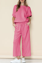 Textured T Shirt and Drawstring Pants Set THRIXINE