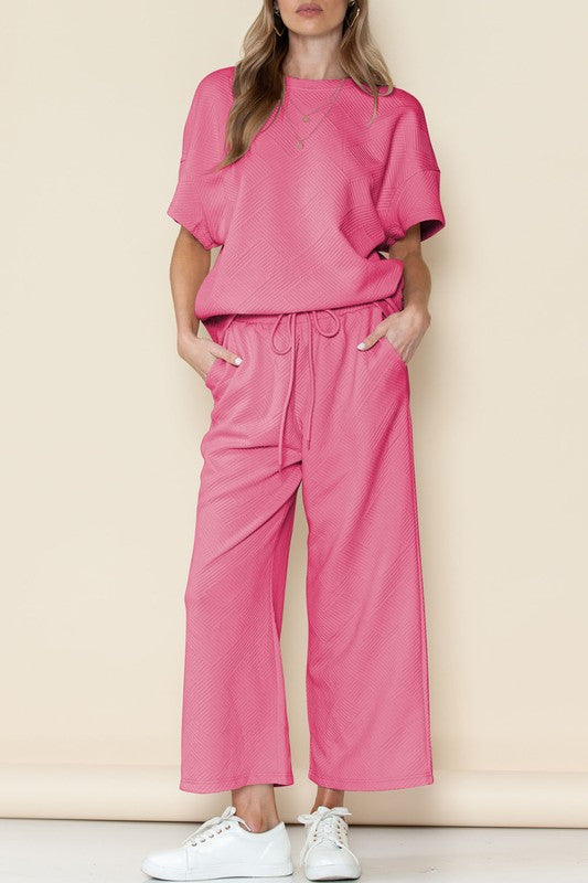 Textured T Shirt and Drawstring Pants Set THRIXINE