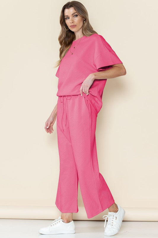 Textured T Shirt and Drawstring Pants Set THRIXINE