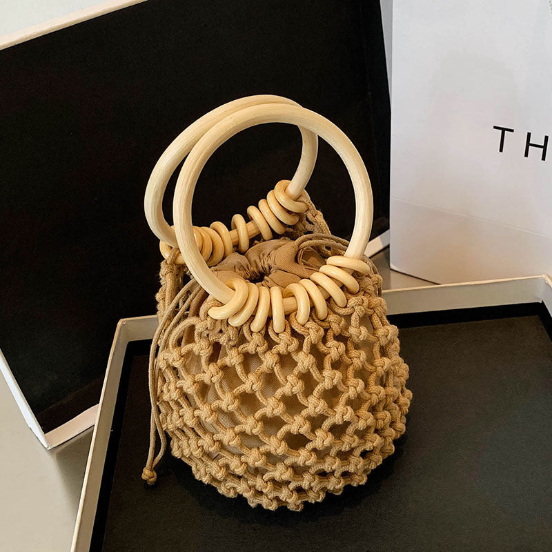 Woman Girl Fashion Woven Handbag Beach Style Wood Handle Drawstring Bucket Bag Pi-Mart