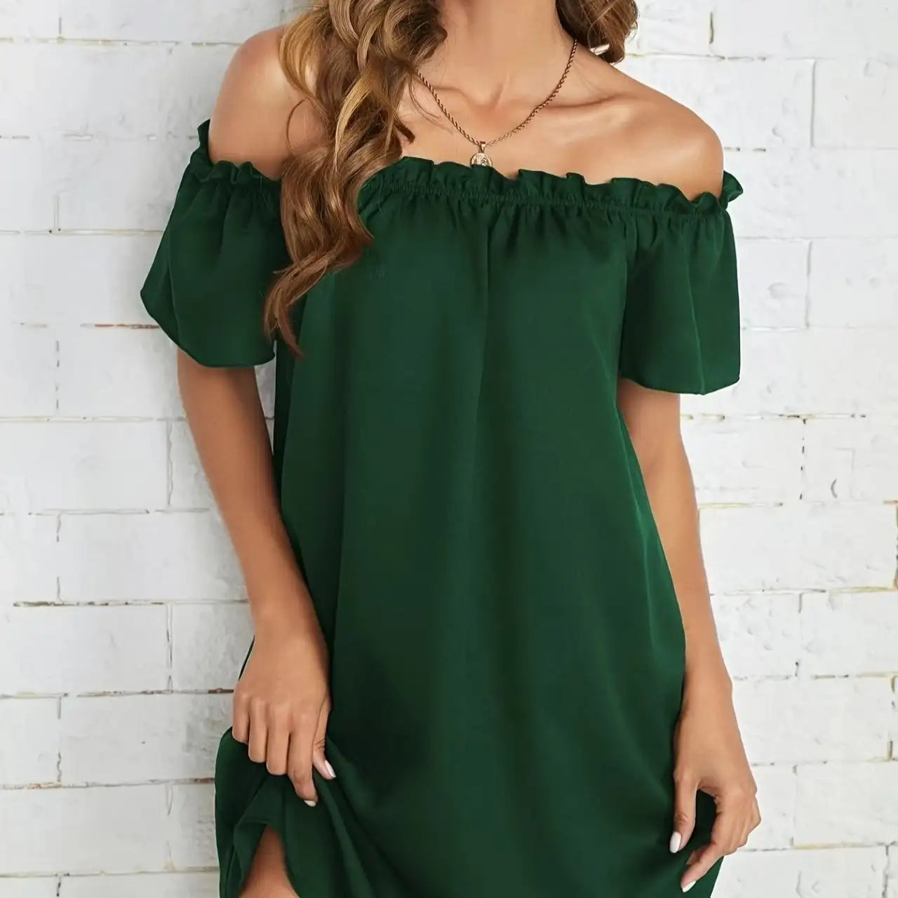 Women's Solid Color Off Shoulder Pleated Decorative Dress, One Shoulder Casual Dress - SJB-DIAMOND ELITES