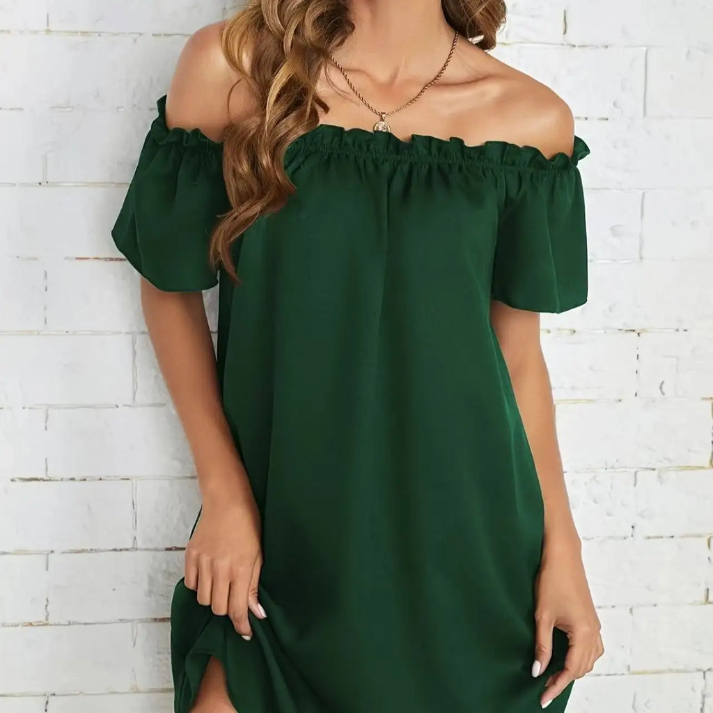 Women's Solid Color Off Shoulder Pleated Decorative Dress, One Shoulder Casual Dress - SJB-DIAMOND ELITES