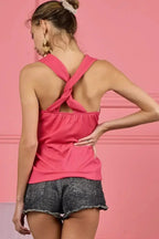 BiBi Lace Knit with Cut Out And Cross Neck Banded Top