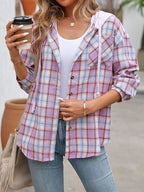 Plaid Buttoned Long Sleeve Hooded Jacket for Women – Cozy & Stylish Cotton-Blend Outerwear