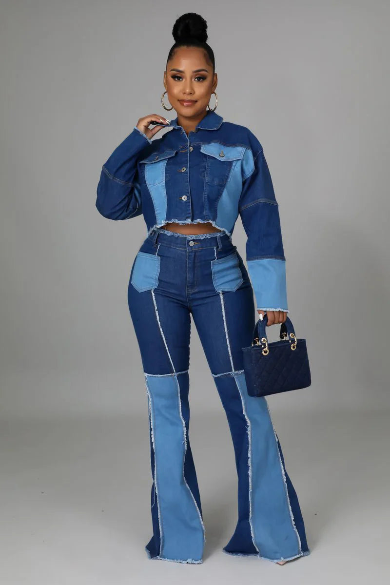 Women's Matching Set Denim Patchwork Vintage Short Jacket and Flare Pant Two Piece Set Outfit Autumn Casual Y2K Fashion Sets Purplish Diva