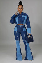 Women's Matching Set Denim Patchwork Vintage Short Jacket and Flare Pant Two Piece Set Outfit Autumn Casual Y2K Fashion Sets Purplish Diva