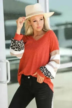 Red V Neck Lantern Sleeve Leopard Stripe Splice Long Sleeve Top - SJB-DIAMOND ELITES