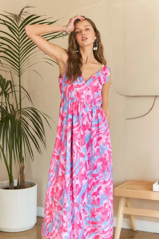 New Summer Abstract Floral V-Neck Maxi Dress – Elegant, Artistic Print, Flattering Silhouette, Sophisticated Glamour Stevvex
