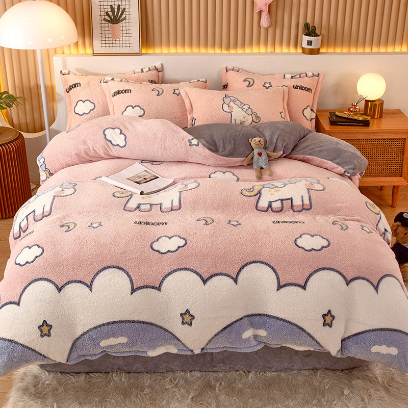 Coral Fleece Duvet Cover Sheet Flannel Pillowcase Pi-Mart