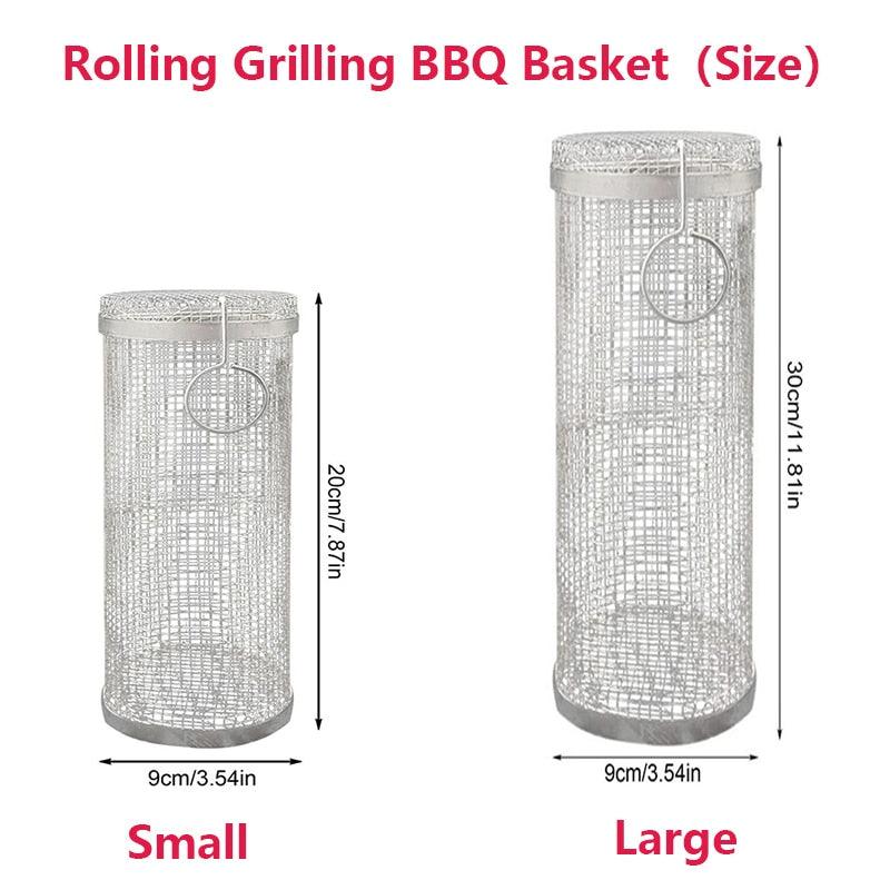 20cm/30cm BBQ Basket Stainless Cylindrical Rolling Grilling Baskets Portable Barbecue Rack For Grill For Fish Shrimp Meat Fries BBQ Grill Basket Rolling Grilling Basket Stainless Steel Grill Mesh Barbeque Grill Accessories Stevvex