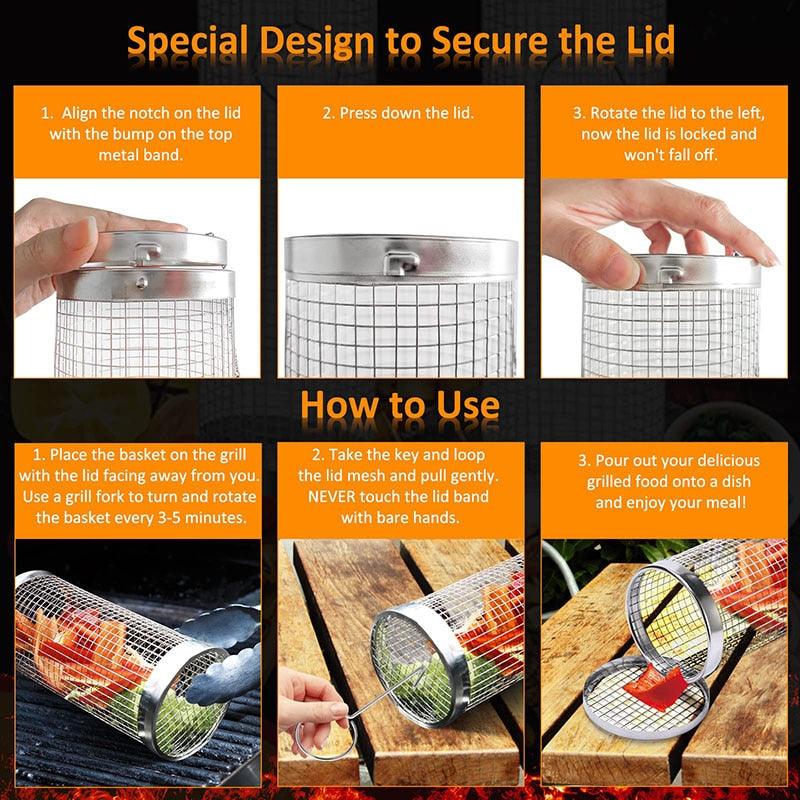 20cm/30cm BBQ Basket Stainless Cylindrical Rolling Grilling Baskets Portable Barbecue Rack For Grill For Fish Shrimp Meat Fries BBQ Grill Basket Rolling Grilling Basket Stainless Steel Grill Mesh Barbeque Grill Accessories Stevvex