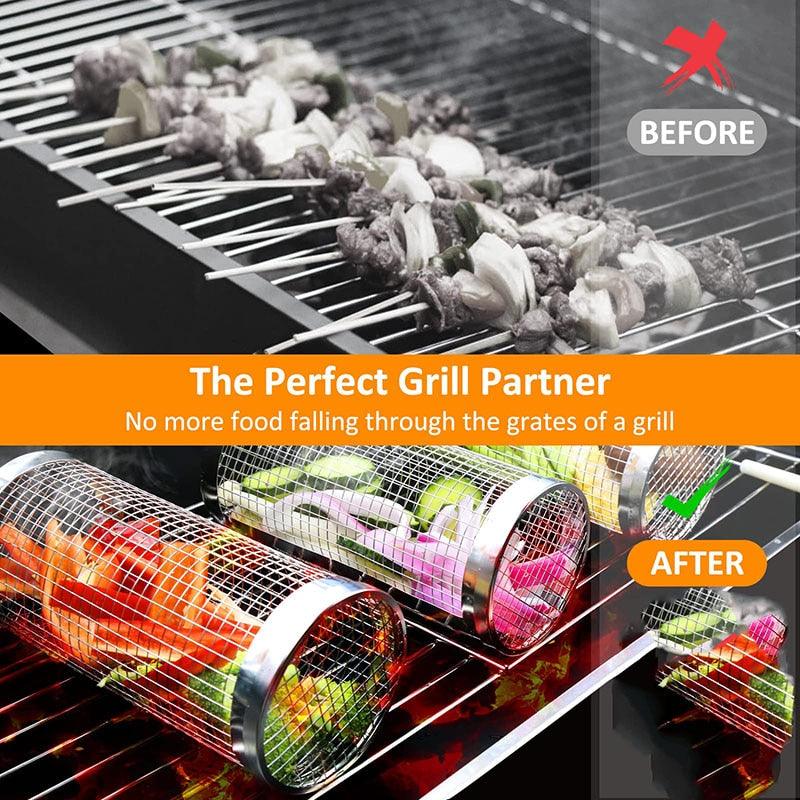 20cm/30cm BBQ Basket Stainless Cylindrical Rolling Grilling Baskets Portable Barbecue Rack For Grill For Fish Shrimp Meat Fries BBQ Grill Basket Rolling Grilling Basket Stainless Steel Grill Mesh Barbeque Grill Accessories Stevvex