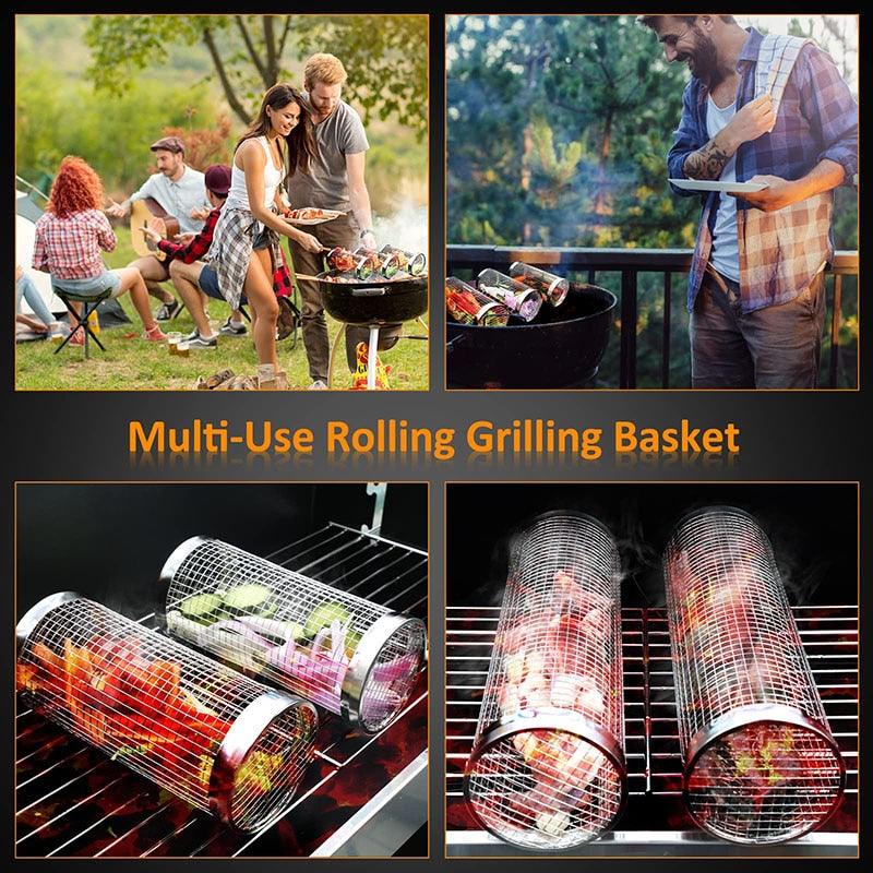 20cm/30cm BBQ Basket Stainless Cylindrical Rolling Grilling Baskets Portable Barbecue Rack For Grill For Fish Shrimp Meat Fries BBQ Grill Basket Rolling Grilling Basket Stainless Steel Grill Mesh Barbeque Grill Accessories Stevvex