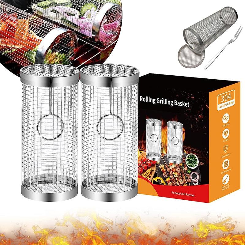 20cm/30cm BBQ Basket Stainless Cylindrical Rolling Grilling Baskets Portable Barbecue Rack For Grill For Fish Shrimp Meat Fries BBQ Grill Basket Rolling Grilling Basket Stainless Steel Grill Mesh Barbeque Grill Accessories Stevvex