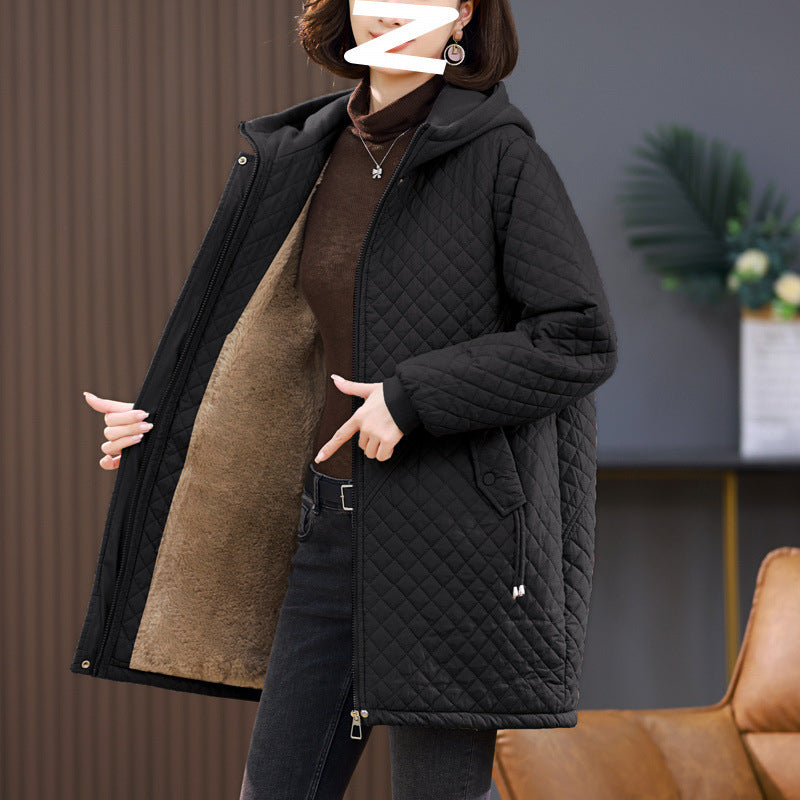 Women's Rhombus Cotton-padded Mid-length Loose Fleece-lined Pi-Mart