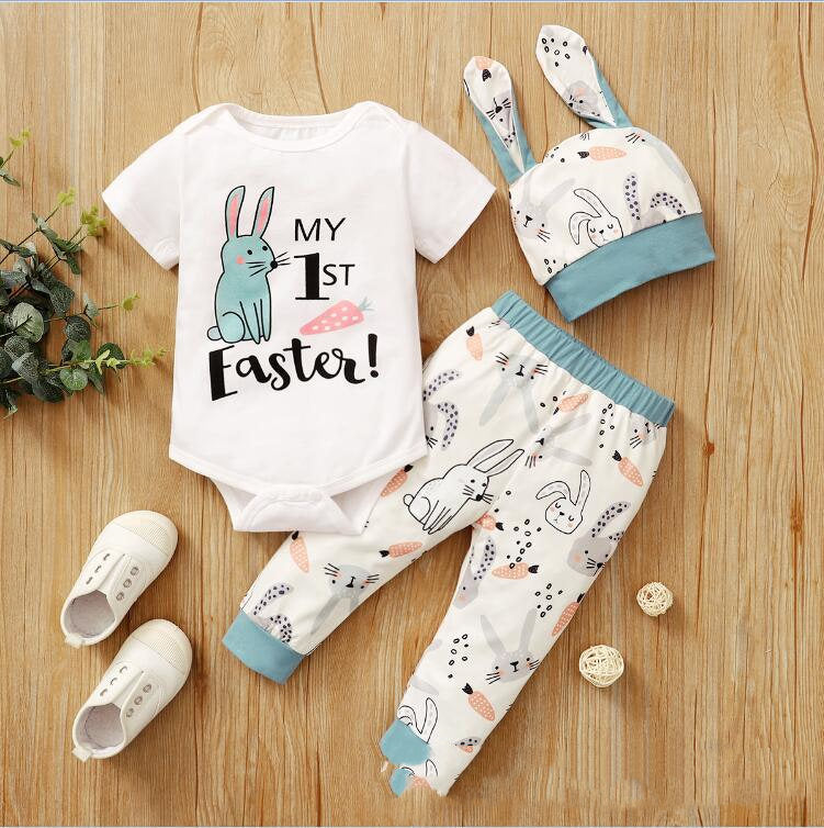New Easter Print Rabbit Romper Three Piece 2 Colors Pi-Mart