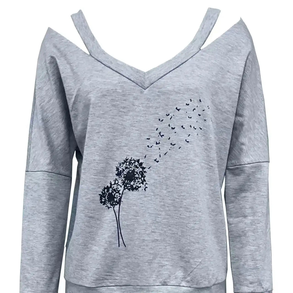 Women's V-neck Off Shoulder Printed Casual Clothing Shirt Long Sleeved Top - SJB-DIAMOND ELITES