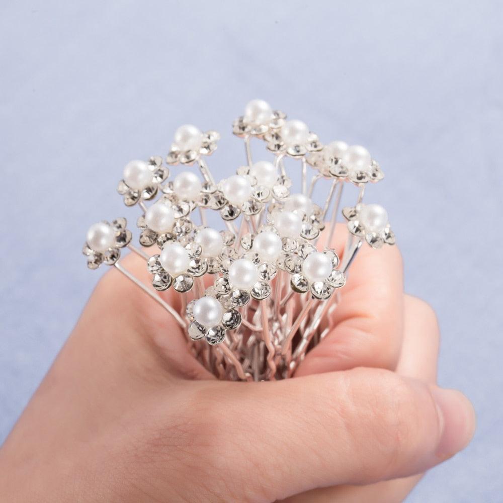 20Pcs Fashion Wedding Bridal Pearl Flower Clear Crystal Rhinestone Hair Pins Clips Bridesmaid Hair wear Jewelry Gorgeous Hair Accessories For Women Stevvex