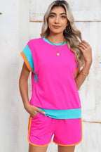 Contrast Trim Cap Sleeve Tee Shorts Set THRIXINE