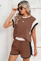 Contrast Trim Cap Sleeve Tee Shorts Set THRIXINE