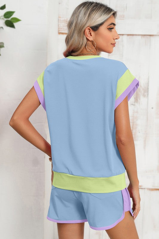 Contrast Trim Cap Sleeve Tee Shorts Set THRIXINE