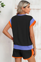 Contrast Trim Cap Sleeve Tee Shorts Set THRIXINE