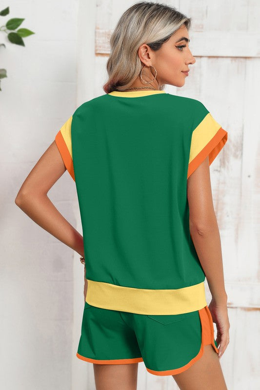Contrast Trim Cap Sleeve Tee Shorts Set THRIXINE