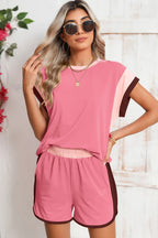 Contrast Trim Cap Sleeve Tee Shorts Set THRIXINE