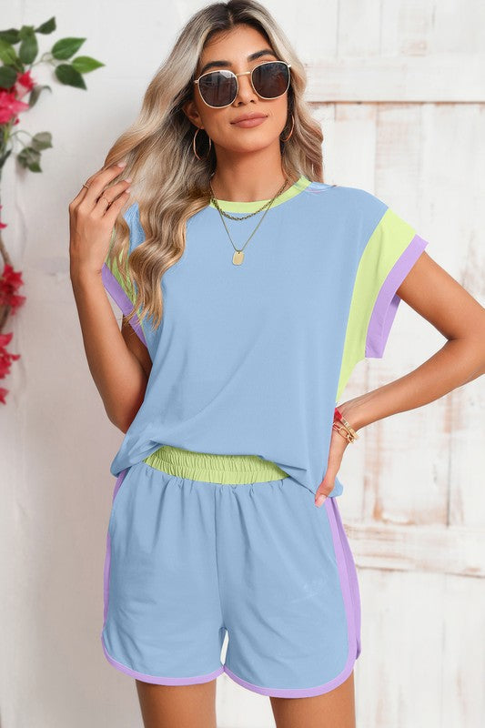 Contrast Trim Cap Sleeve Tee Shorts Set THRIXINE
