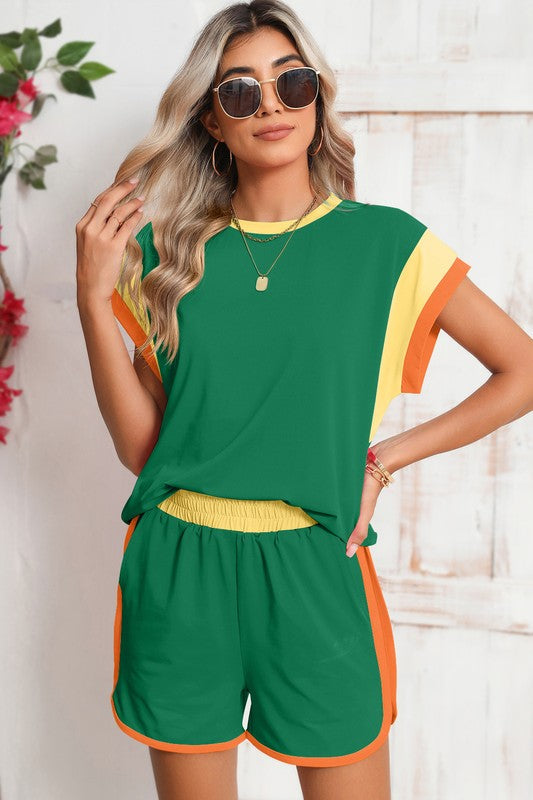 Contrast Trim Cap Sleeve Tee Shorts Set THRIXINE