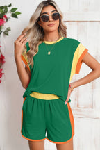 Contrast Trim Cap Sleeve Tee Shorts Set THRIXINE