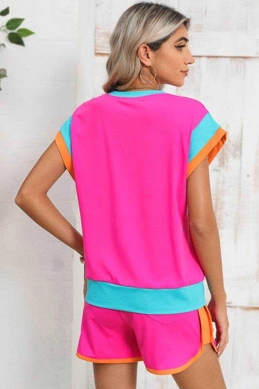 Contrast Trim Cap Sleeve Tee Shorts Set THRIXINE