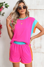 Contrast Trim Cap Sleeve Tee Shorts Set THRIXINE